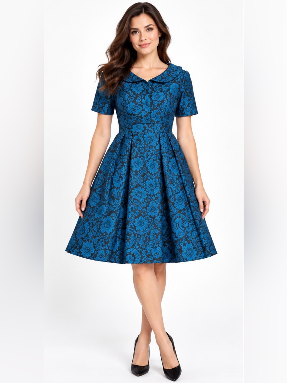 Bigio Collection Blue Black Jacquard Fit & Flare Dress Size 2 Made in USA